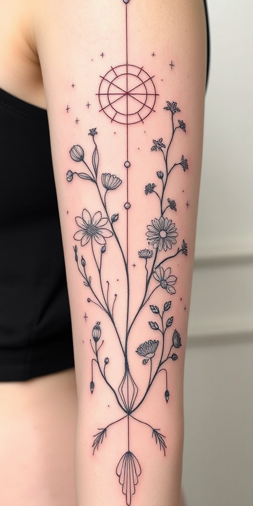 Fine line tattoo titled "Whispered Secrets" featuring delicate, minimalist linework creating intricate botanical illustrations and celestial motifs, with subtle shading and negative space enhancing the ethereal quality of the design