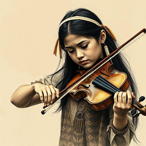 a young First Nations woman with a white headband playing a violin, in the style of a charcoal drawing, sepia grunge background