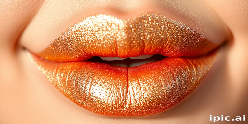 Shimmering champagne lip powder "Golden Hour Glow" with buildable coverage and metallic sheen, ideal for highlighting lip center and cupid's bow, innovative loose powder formula