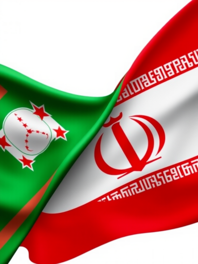 Generate an image of the flags of Tajikistan and Iran intertwined, using a high-resolution DSLR camera with a 50mm lens, f/1.8 aperture, ISO 200, shot from a 45-degree angle to enhance detail and vibrancy.