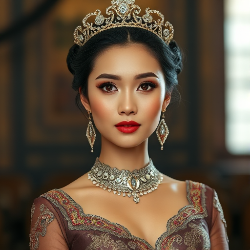 A gorgeous Hmong woman in a luxurious brown gown, accessorized with a dazzling tiara and statement earrings, her deep red eyes highlighted by impeccable makeup, poised in a royal setting, photorealistic, 8K quality