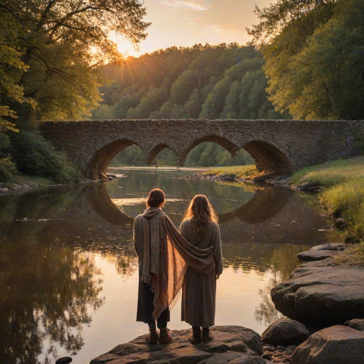 Ancient stone bridge over a peaceful river, a woman standing in the middle, watching the sunset reflect off the water below, her long scarf blowing in the wind.