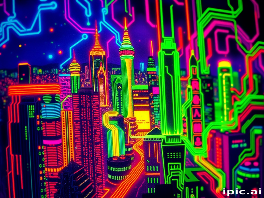 Cyberpunk neon tattoo depicting a futuristic cityscape with glowing circuit board patterns, rendered in vibrant fluorescent inks for a mesmerizing effect under blacklight