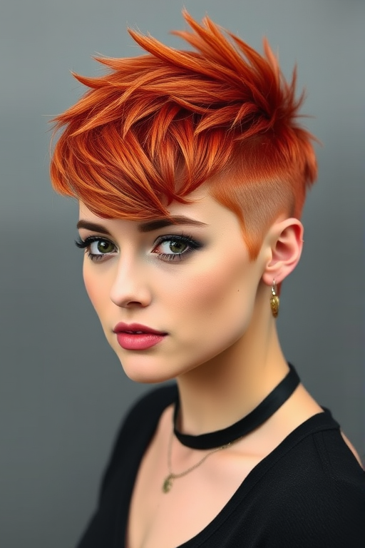 Vibrant redhead sporting a fiery copper pixie cut with textured spikes, featuring bold asymmetrical bangs and shaved sides for an edgy, modern look