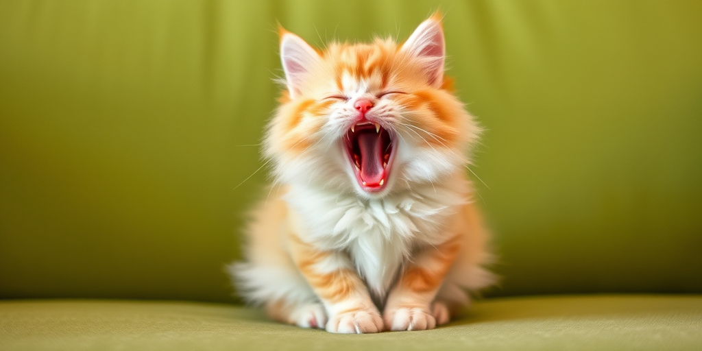 A fluffy light orange and white kitten sitting on a green couch yawning with its eyes closed and front paws together.