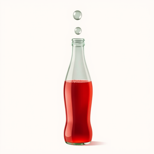 create an illustration of a classic glass soda bottle filled with vibrant red liquid, with three bubbles rising above it, shot with a DSLR camera at f/2.8 aperture, ISO 100, 50mm lens, in a studio setting with soft lighting for enhanced clarity and detail