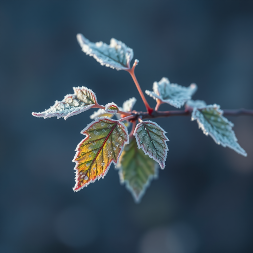 frosted leaves on a branch with intricate ice crystals in a soft-focus background, captured with a Canon EOS R5, 50mm lens, f/2.8, ISO 100, 1/200 sec, natural light, shallow depth of field