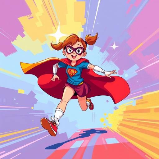 Create a vibrant illustration of a girl running confidently in a superhero outfit, captured in a dynamic angle from a slightly low perspective, using bright colors and playful lines, simulated with a digital painting style, with a focus on movement and energy. Use a resolution of 300 DPI, and settings akin to a wide aperture of f/2.8 to create a slight background blur, mimicking a Canon EOS DSLR camera for optimal image quality.