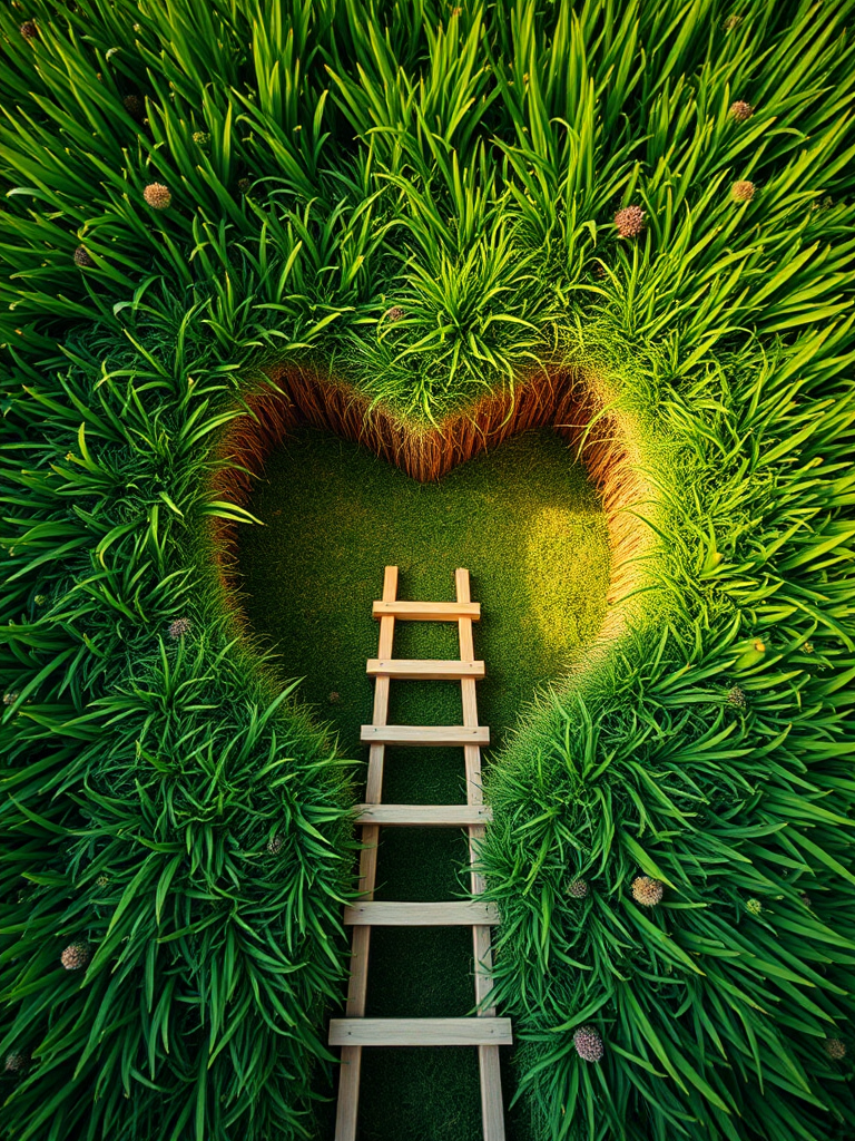 create a vibrant illustration of a heart-shaped hole in green grass with a wooden ladder leading down, using a Canon EOS R5, 50mm lens, f/1.8 aperture, ISO 100, aperture priority mode, top-down view, high dynamic range for enhanced detail and contrast.