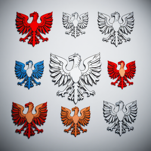 Create a high-resolution graphic featuring various designs of the Polish eagle emblem, using a flat lay camera view with a Canon EOS R5, aperture f/8, ISO 100, and a slight overhead angle to enhance depth and detail.