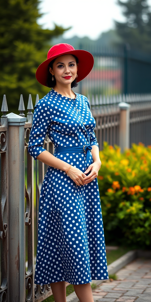 Create a high-resolution image of a woman in a vintage blue polka dot dress and red hat, standing elegantly beside a fence, captured with a DSLR camera, aperture f/2.8, ISO 100, focal length 50mm, natural light, portrait orientation.