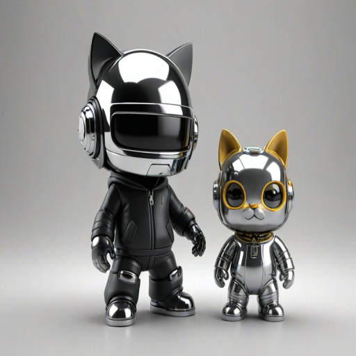 3D render of cute chibi Daft Punk wearing a hoodie and sneakers, , with a cat on its neck,with a chrome helmet, on a white background, in the style of Tomer Hanuka, Kaws, and Kentaro Miura, with a black, silver, and grey color palette, clean lines, high contrast, hyper realistic, soft shadows, sharp focus, detailed, using octane rendering, resembling product photography, with professional studio lighting, volumetric lighting, a deep depth of field, as if shot on a Hasselblad H6D400c MultiShot camera, Future companion robot, titanium alloy, neon lights, laser light