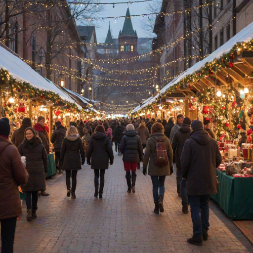 Festive holiday market, bustling with shoppers browsing handcrafted ornaments and gifts, twinkling lights adorning the stalls, and the scent of hot cocoa wafting through the air, with cheerful music playing in the background.