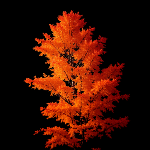 Generate a high-resolution image of a tall autumn tree with vibrant orange leaves against a black background using a DSLR camera with a 50mm lens, aperture f/1.8, ISO 100, and a shallow depth of field for a blurred background effect.