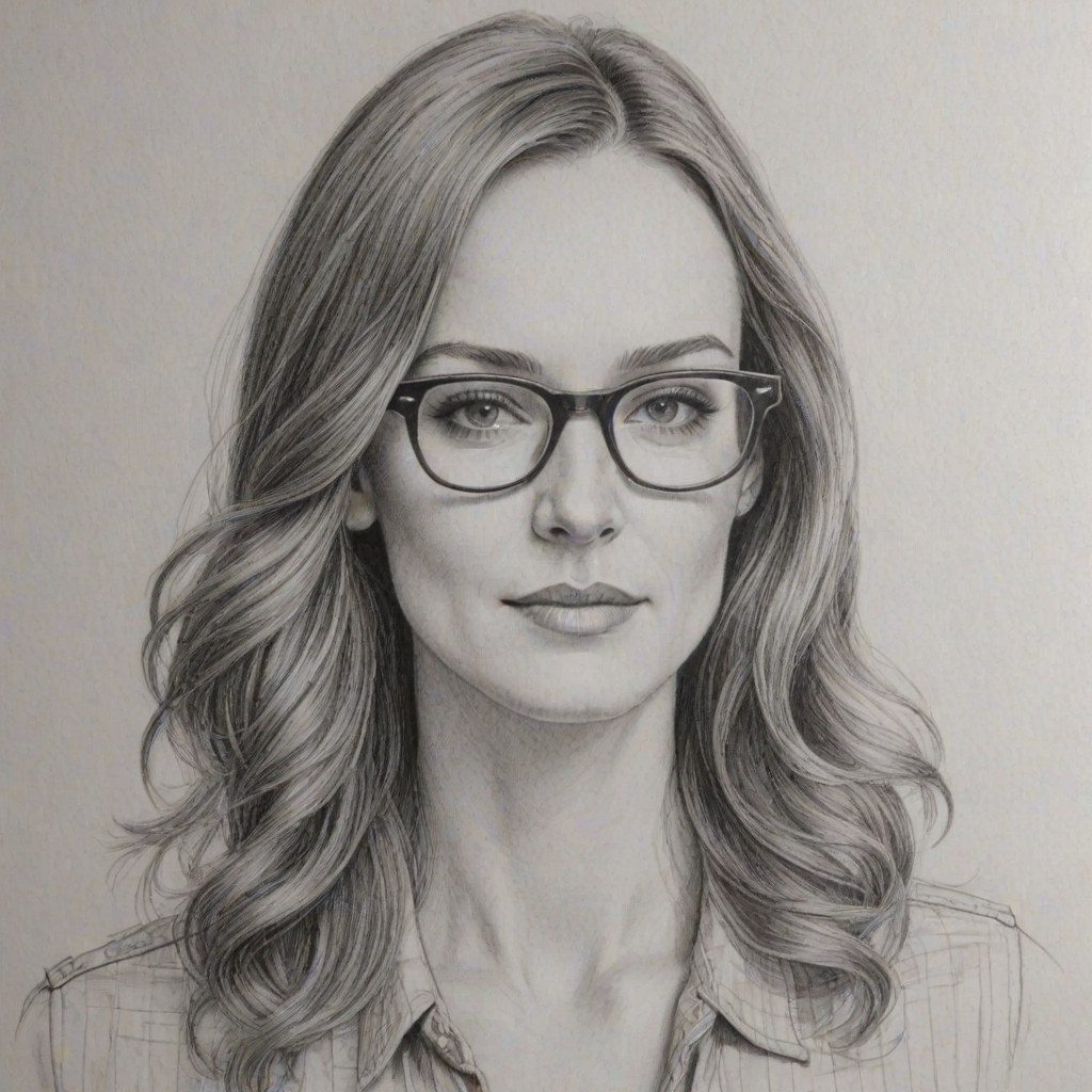 Dazzling Erinn Hayes, pencil sketch, portrait of Enchanting woman 1974s in glasses, hair style beatnik, outline, clear lines, fine lines, 8k
