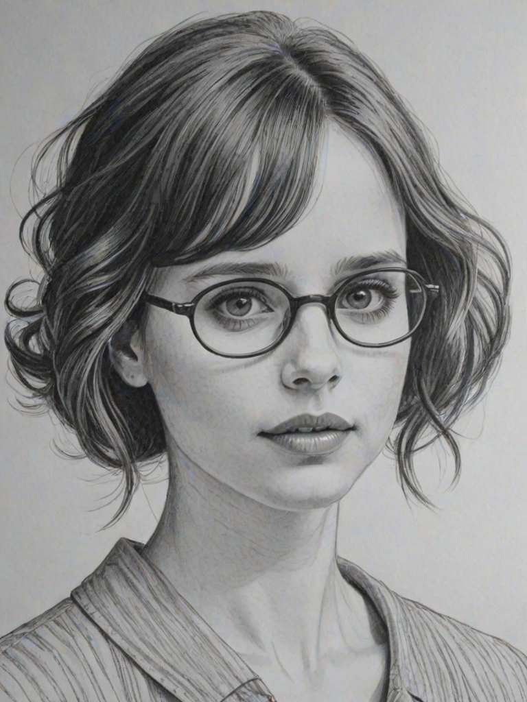 Fascinating Felicity Jones, pencil sketch, portrait of Lovely woman 1923s in glasses, hair style beatnik, outline, clear lines, fine lines, 8k