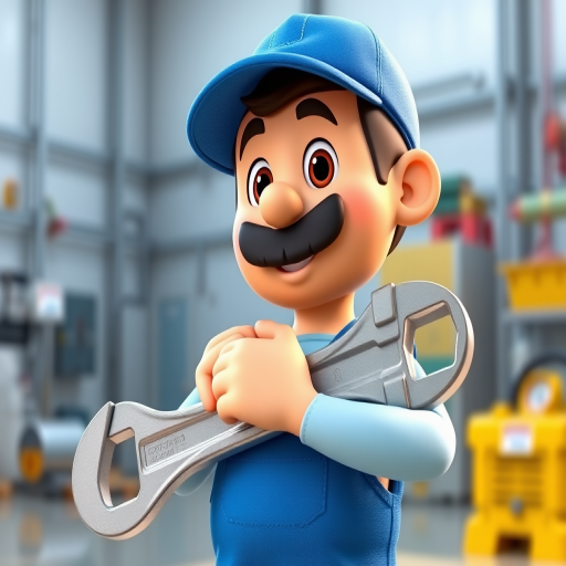 Create a 3D illustration of a cartoon character wearing blue overalls and a blue cap, holding a large adjustable wrench, in a bright and clean industrial setting, captured with a DSLR camera at 50mm, f/2.8 aperture, ISO 100, and soft natural lighting for enhanced quality.