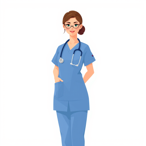 Generate a digital illustration of a female nurse standing upright, wearing scrubs and a stethoscope, with a simple, flat design style, using a clean, bright background, in 4K resolution, captured with a soft focus lens, at an aperture of f/4, with natural lighting to enhance colors and details.