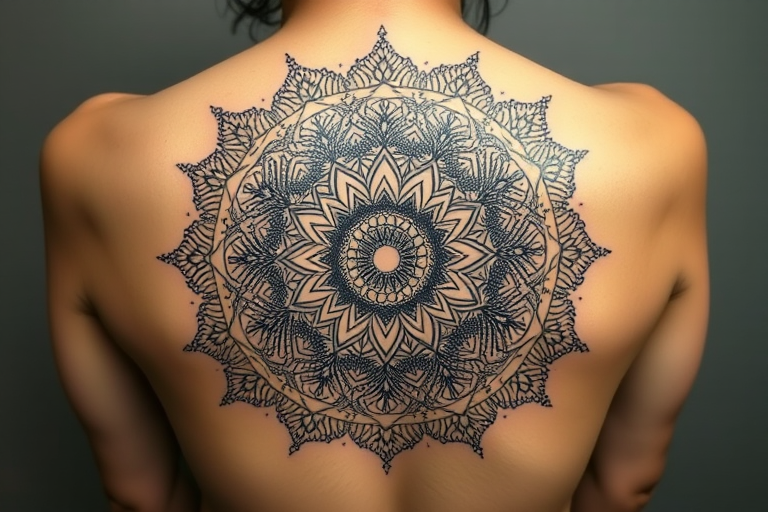 Ornate dotwork mandala tattoo called "Sacred Bloom" showcasing intricate patterns of tiny dots forming a large, circular design inspired by traditional Hindu and Buddhist symbolism, with layers of intricate details radiating outward from a central focal point, creating a mesmerizing and meditative piece of body art