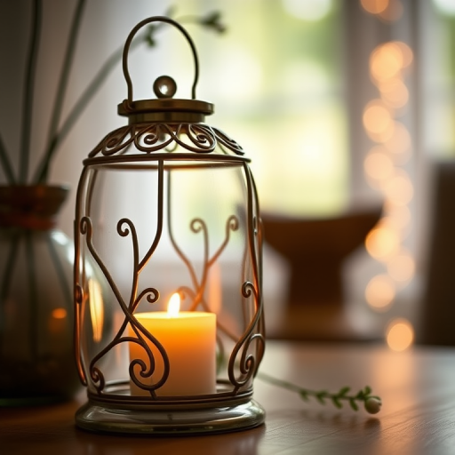 Create an image of a decorative lantern with a lit candle inside, using a 50mm lens, f/2.8 aperture, ISO 100, in a soft natural light setting, taken from a 45-degree angle with a shallow depth of field for a blurred background.