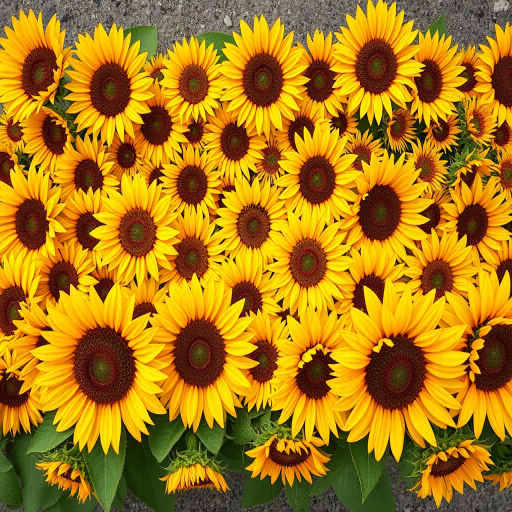Create a detailed image of vibrant sunflowers arranged in three horizontal lines with varying sizes and spacing, using a DSLR camera with a 50mm lens, aperture set to f/2.8 for a shallow depth of field, ISO 200, taken from an overhead view to capture the patterns of the sunflowers against a clear background.