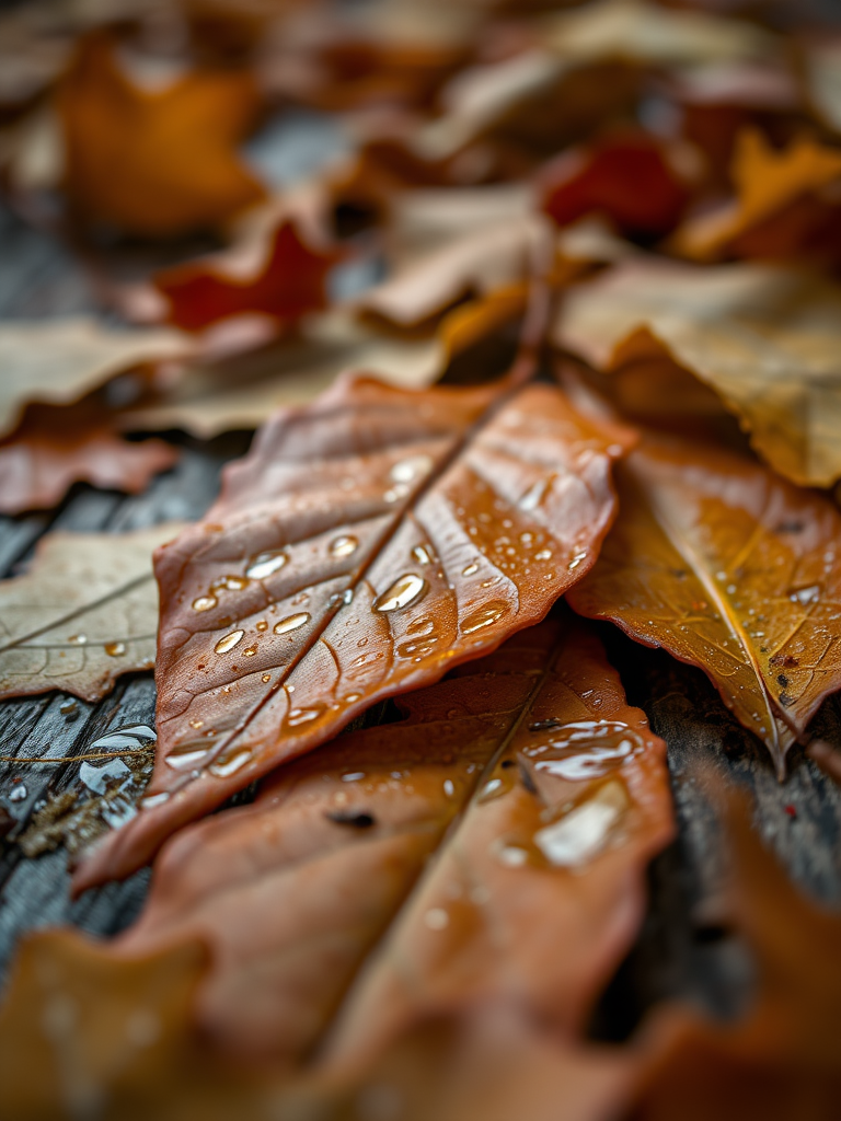 close-up of wet fallen leaves on a wooden surface during autumn, shallow depth of field, ISO 100, f/2.8, 1/250 sec, macro lens, natural light, DSLR camera