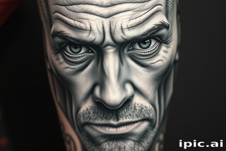 Realistic grayscale portrait tattoo showcasing hyper-detailed facial features, utilizing various shading techniques to create depth and dimension, capturing the subject's essence with lifelike precision