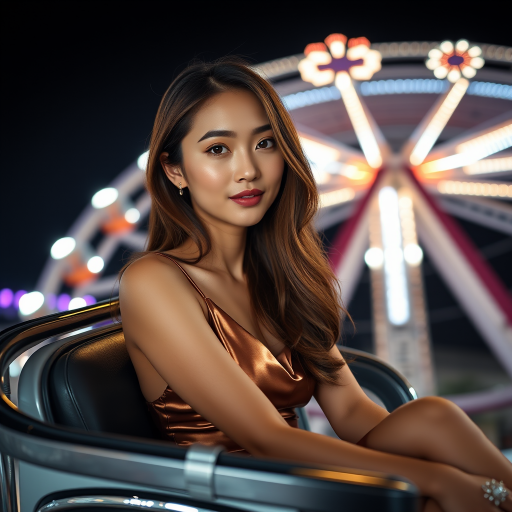 Attractive photo of woman:Taiwanese:0.4, highlight hair, wearing Bronze dress, sitting on Ferris wheel car, rim lighting, studio lighting, looking at the camera, dslr, ultra quality, sharp focus, tack sharp, dof, film grain, Fujifilm XT3, crystal clear, 8K UHD, highly detailed glossy eyes, high detailed skin, skin pores