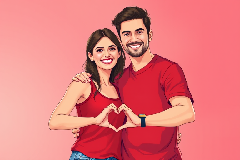 Create an illustration of a joyful couple standing close together, making a heart shape with their hands, with the woman wearing a red tank top and the man in a matching red shirt, bright colors, 4K resolution, 50mm lens, soft focus background, digital art style.
