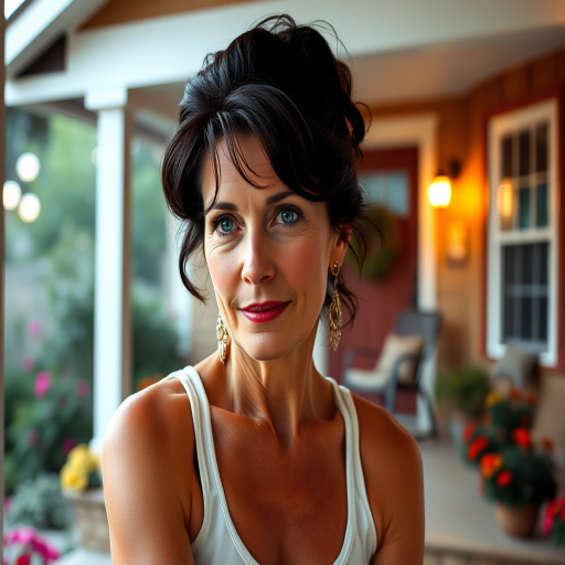 A photo of Glenn Close with a background of a cozy porch. She has dark hair pulled back in an updo, with tendrils framing her face. She wears a white tank top and sits on the porch. The porch is part of a well-lit home with a warm, earthy tone and colorful flowers and foliage. The overall scene has a warm, welcoming, and comfortable ambiance.