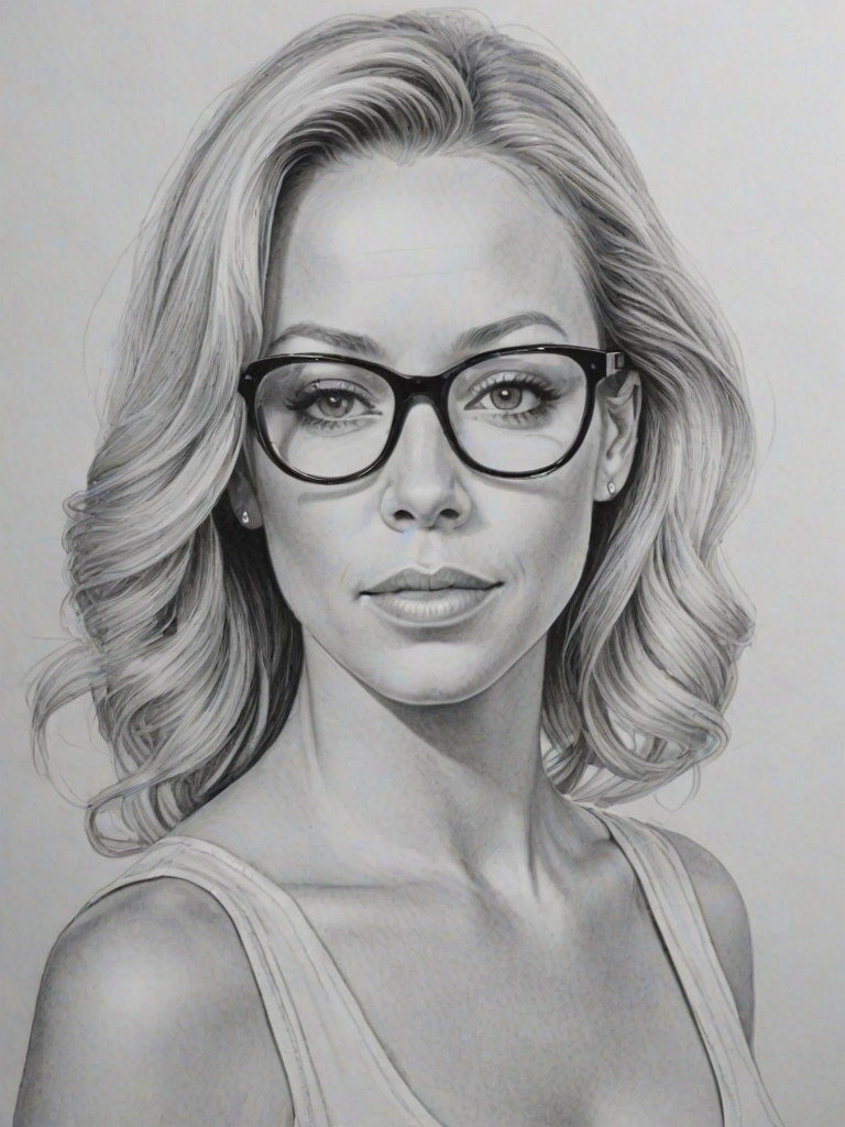 Elegant Kendra Wilkinson, pencil sketch, portrait of Radiant woman 1977s in glasses, hair style beatnik, outline, clear lines, fine lines, 8k