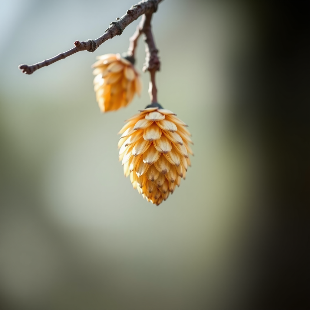Capture a close-up of a cone-like structure hanging from a branch, sharp focus, shallow depth of field, natural lighting, ISO 200, f/2.8, 50mm lens, DSLR camera, soft bokeh background.