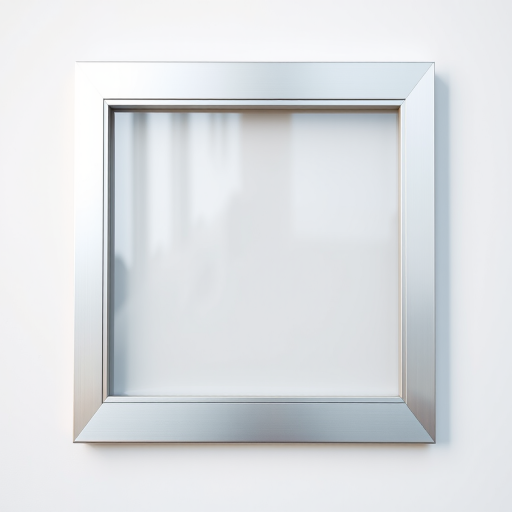 Create an image of a sleek, modern silver border square frame with a transparent center, taken with a DSLR camera at f/2.8 aperture, ISO 100, 50mm lens, in soft natural lighting, using a shallow depth of field for emphasis on the frame's details.