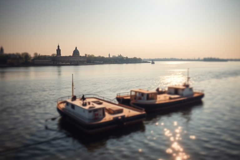 A serene riverside scene featuring two anchored barges, soft sunlight illuminating the surroundings, distant architectural landmarks visible, shot with a Canon EOS 5D Mark IV, 50mm lens, f/8 aperture, ISO 100, at a 1/200s shutter speed, with a slight tilt-shift effect for depth enhancement.