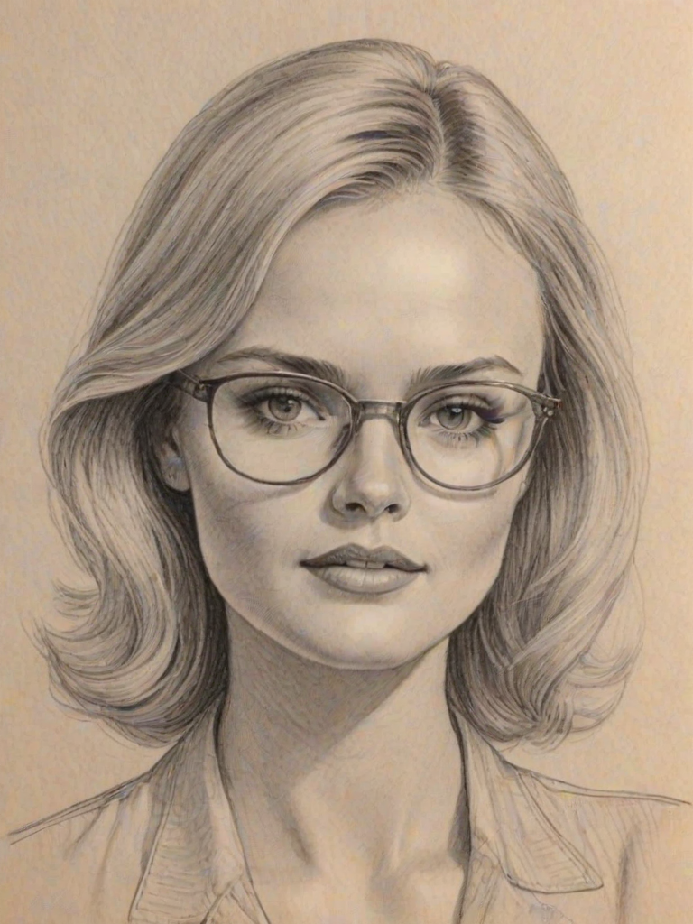 Lovely Sara Paxton, pencil sketch, portrait of Radiant woman 1946s in glasses, hair style beatnik, outline, clear lines, fine lines, 8k