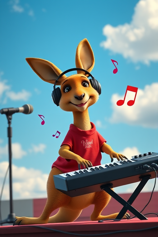 a cartoon kangaroo wearing headphones and a red shirt, playing a synthesizer on a stage with musical notes floating around, bright blue sky with fluffy clouds in the background, shot with a Canon EOS R5, 24mm lens, f/2.8 aperture, ISO 100, soft lighting for vibrant colors