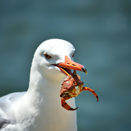 Seagull with a crab in its beak, captured in natural light at a close-up angle, using a Canon EOS R5, 85mm lens, f/2.8, ISO 100, shutter speed 1/1250s, with a shallow depth of field to emphasize the subject against a blurred background.