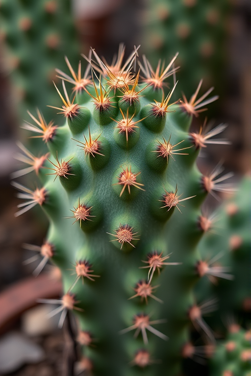 Generate a high-resolution image of a stylized cactus with a focus on sharp details and vibrant colors, using a Canon EOS R5 camera with a 50mm lens, f/2.8 aperture, ISO 100, aperture priority mode, soft diffused lighting, and a shallow depth of field.