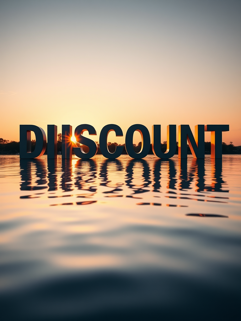 Create an image of the word DISCOUNT in large, bold letters reflecting in calm water at sunset, with a soft golden light illuminating the scene, using a DSLR camera, f/2.8 aperture, 50mm lens, ISO 100, and a low angle view for enhanced depth.