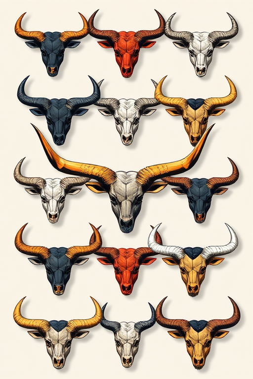 Create a high-resolution digital illustration of various horned designs arranged in a visually appealing layout, shot with a DSLR camera at f/8 aperture, ISO 200, and a 50mm lens to enhance detail and color vibrancy.