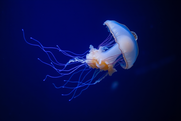 Underwater shot of jellyfish swimming gracefully in dark blue water, Canon EOS R5, 50mm lens, f/2.8 aperture, ISO 100, shutter speed 1/200s, soft focus background to enhance jellyfish details.