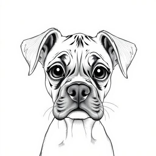 A doodle style pencil sketch illustration of a beautiful young Boxer dog, with large eyes and exaggerated facial features. White background