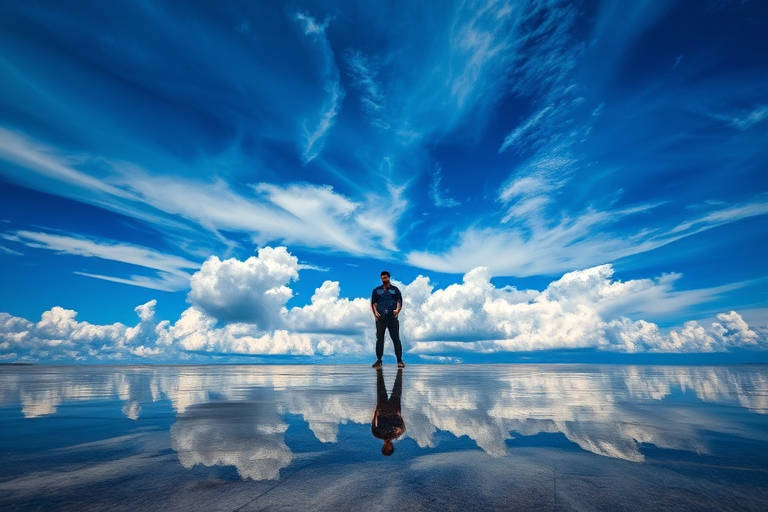 regenerate the image of a figure standing on a reflective surface with a vast blue sky filled with dynamic clouds in the background, use a Canon EOS R5 camera with a 24mm lens, aperture f/8, ISO 100, 1/125 sec shutter speed, captured from a low angle perspective to emphasize the reflections and sky's grandeur, with HDR settings for enhanced detail and color depth.