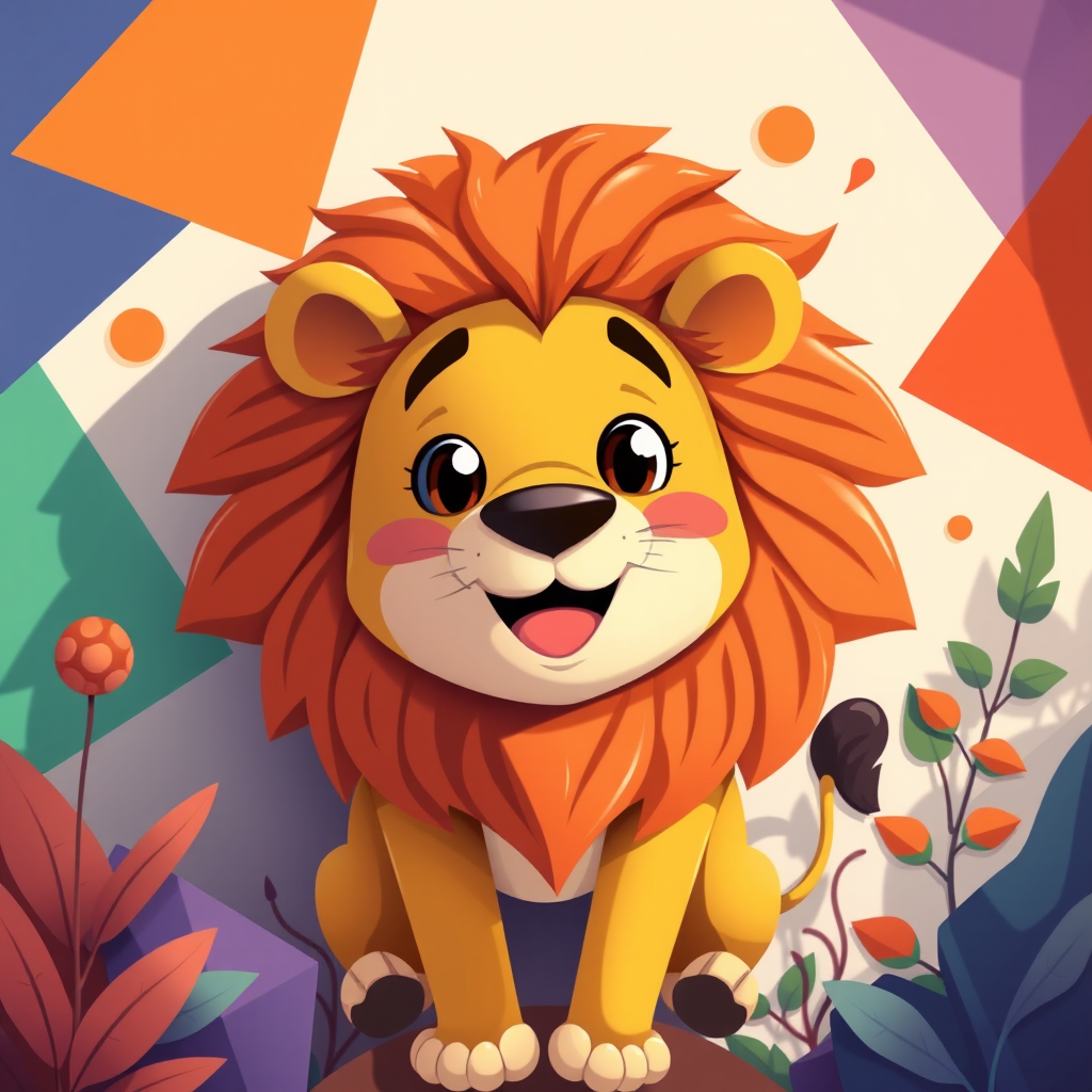 Create a vibrant illustration of a cartoon lion with a friendly expression, surrounded by abstract geometric shapes and plants, using a DSLR camera with a 50mm lens, f/2.8 aperture, 1/125 sec shutter speed, natural light, top-down view, and realistic textures for enhanced image quality.