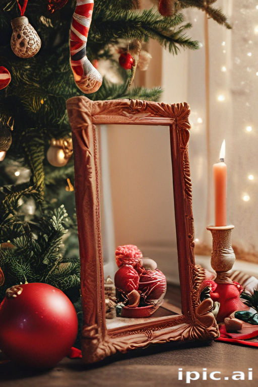 A Festive Christmas Scene with Ornaments, a Mirror, and a Candle
