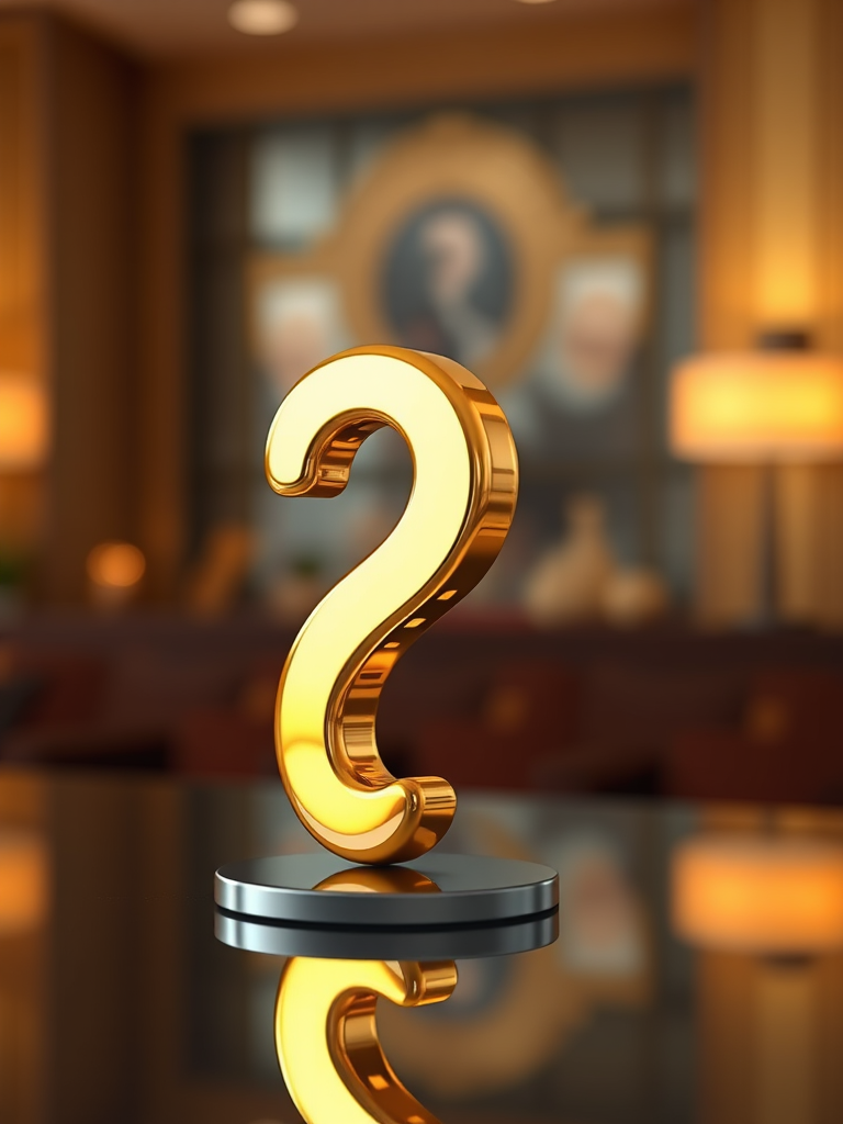 Create a high-quality 3D rendering of a glossy golden question mark on a reflective surface, using a Canon EOS R5 camera, aperture f/2.8, ISO 100, 50mm lens, with a soft focus background to emphasize the foreground object.