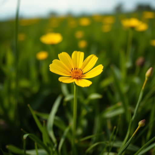 Close-up of a vibrant yellow buttercup flower in a rich green field, shallow depth of field, aperture f/2.8, ISO 200, 50mm lens, soft natural lighting, captured with a digital DSLR, with slight bokeh effect in the background.