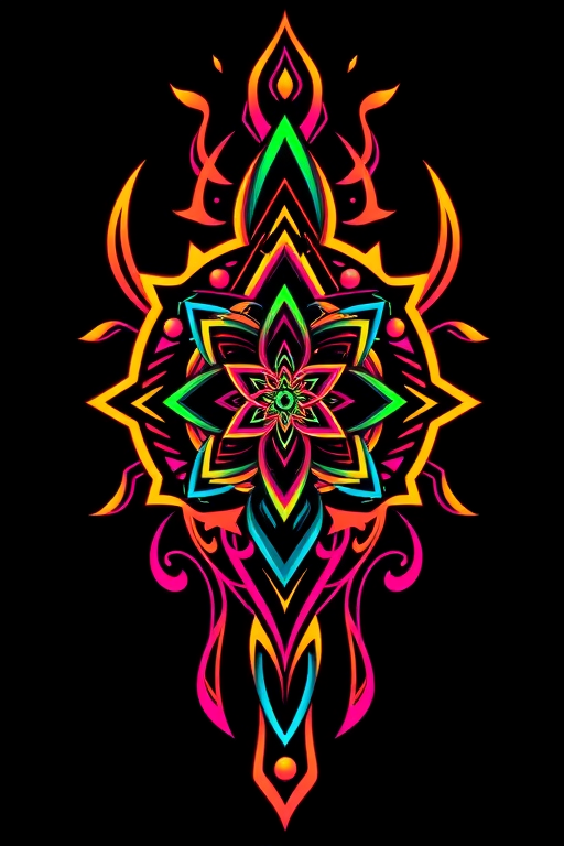 Vibrant "Neo-Tribal Fusion" tattoo design featuring intricate geometric patterns intertwined with organic shapes, rendered in bold neon colors against a deep black background, showcasing a mesmerizing blend of traditional tribal motifs and futuristic elements, with sharp lines and smooth curves creating a dynamic and eye-catching composition that seems to pulse with energy, perfect for those seeking a modern twist on ancestral art
