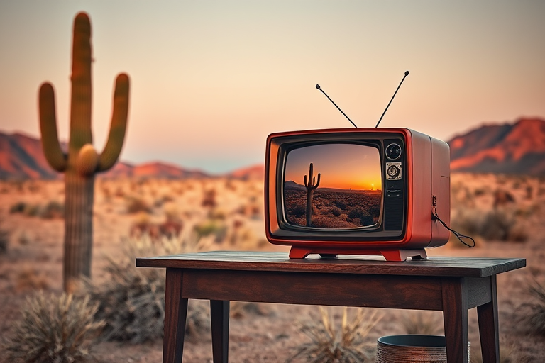 Create a surreal landscape featuring a vintage television set on a wooden table in a desert setting with a prominent cactus, reflecting a lively scene inside the TV, taken with a DSLR camera at 24mm, aperture f/8, ISO 100, and a shallow depth of field for enhanced detail and vivid colors in both foreground and background.
