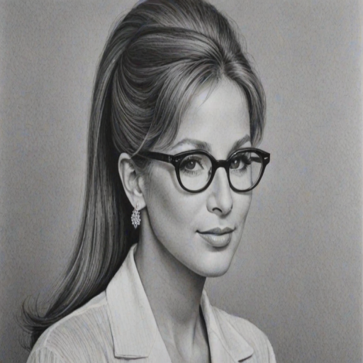 Charming Barbra Streisand, pencil sketch, portrait of Pleasing woman 1956s in glasses, hair style beatnik, outline, clear lines, fine lines, 8k
